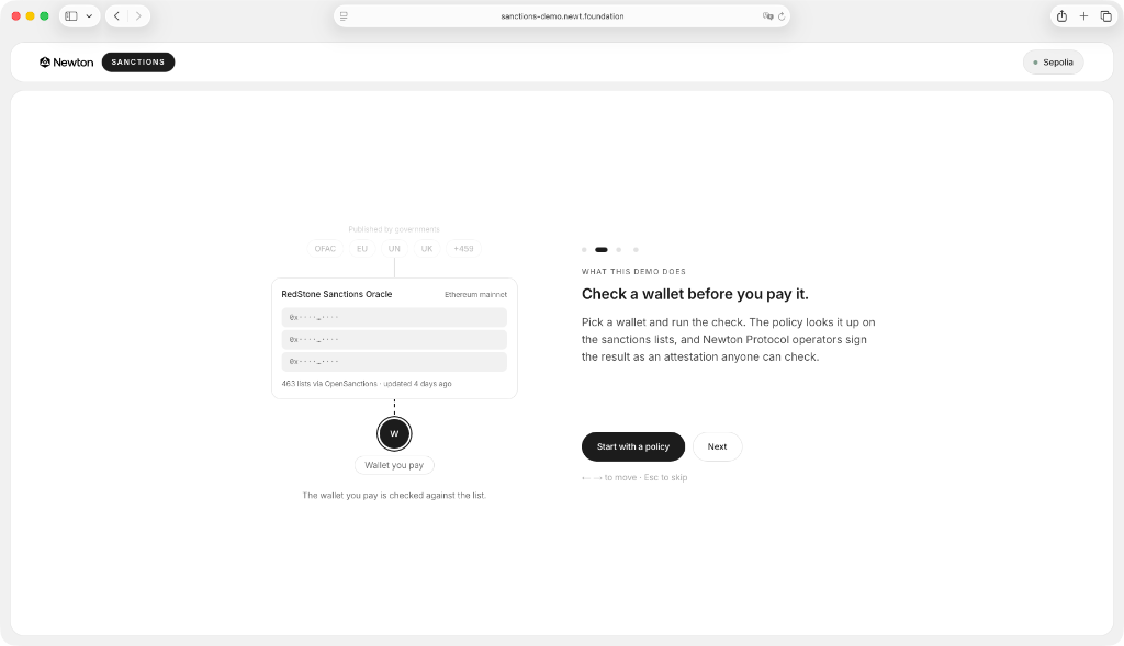 Sanctions demo opening screen, showing government lists feeding the RedStone Sanctions Oracle and the wallet you pay